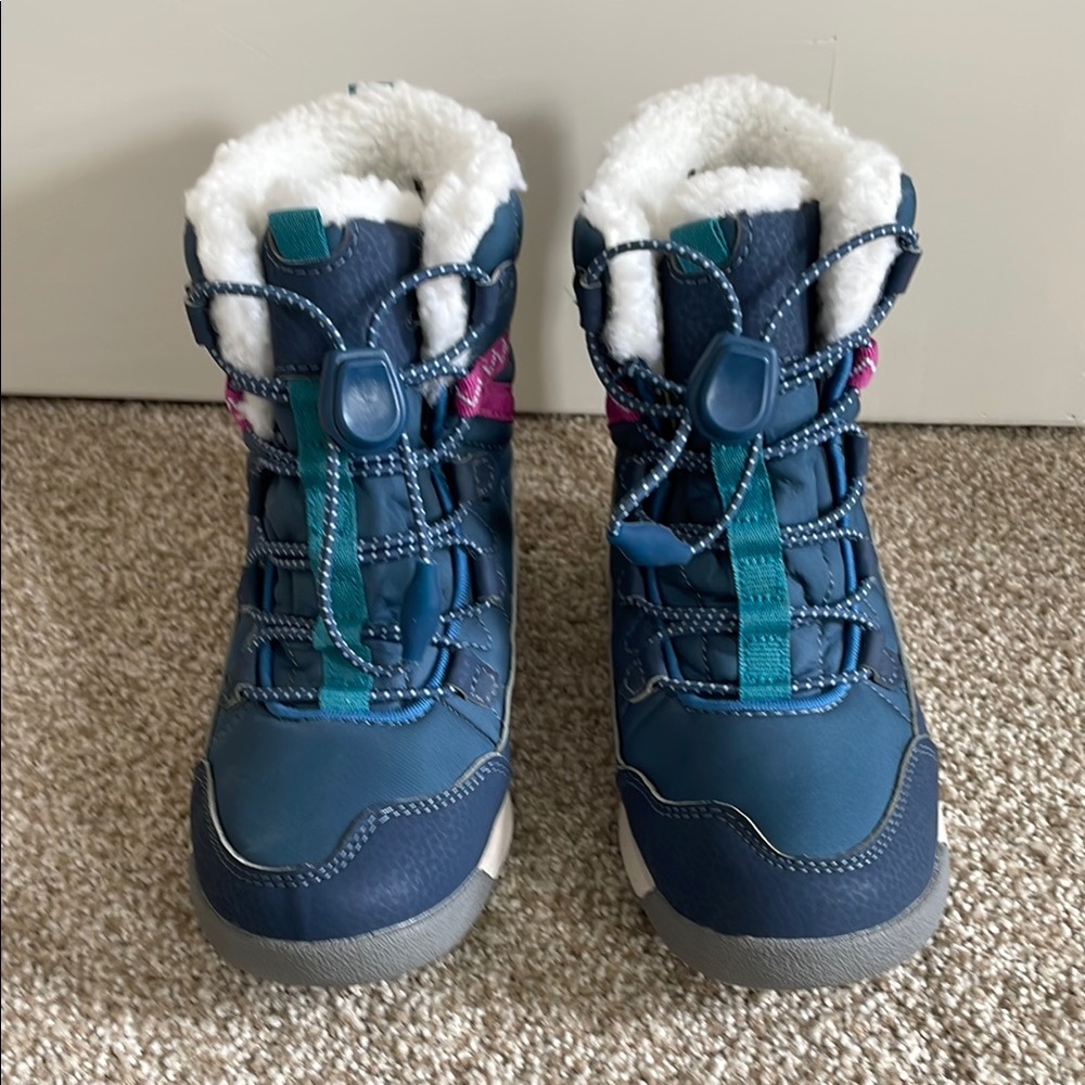 Blue and Pink Rain and Snow Boots with Plush Trim and High-Top Design